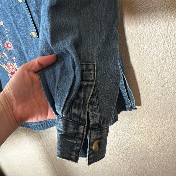 Vintage Floral Embroidered Cotton Country Denim Overshirt Button-Down Top, M - Picture 10 of 11